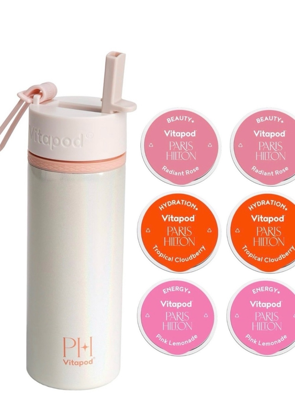 Paris Hilton Pink and White Vitapod Hydration Bottle with Flavor Capsules